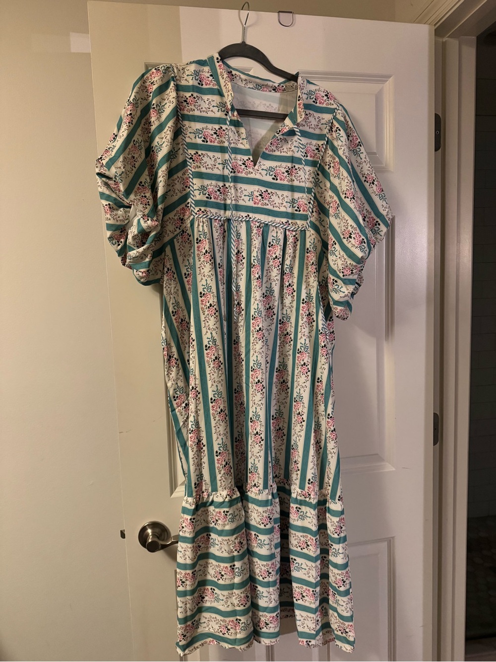 Floral Stripe Maxi Dress in Cream and Teal